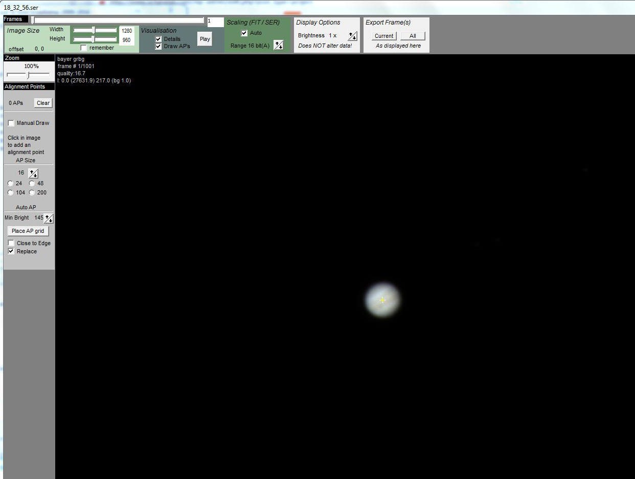 A single frame of the Jupiter image sequence loaded into AutoStakkert