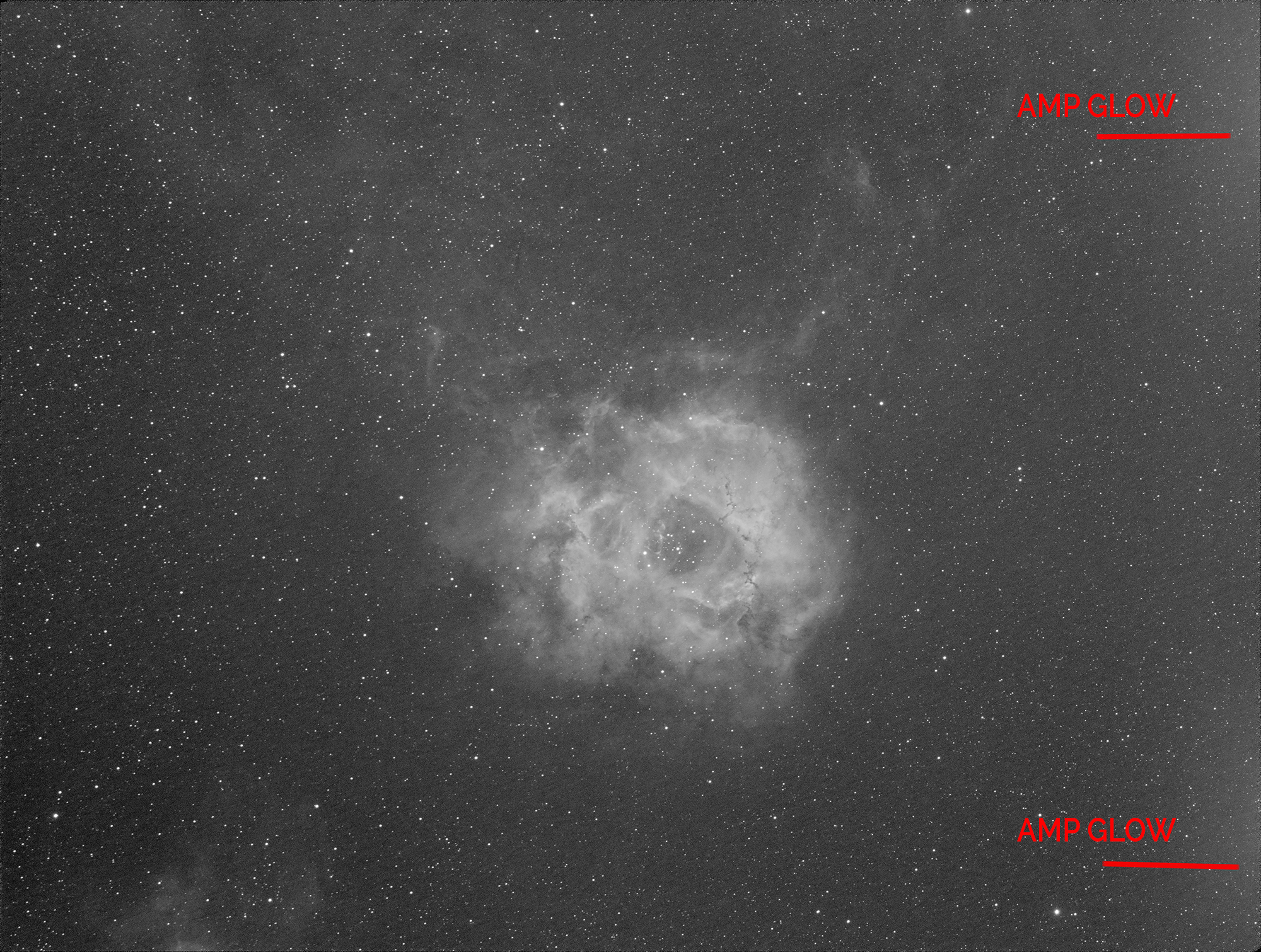 The Rosette Nebula in HA using the Borg55FL - 12*300 second subs integrated with lights only and showing artifacts