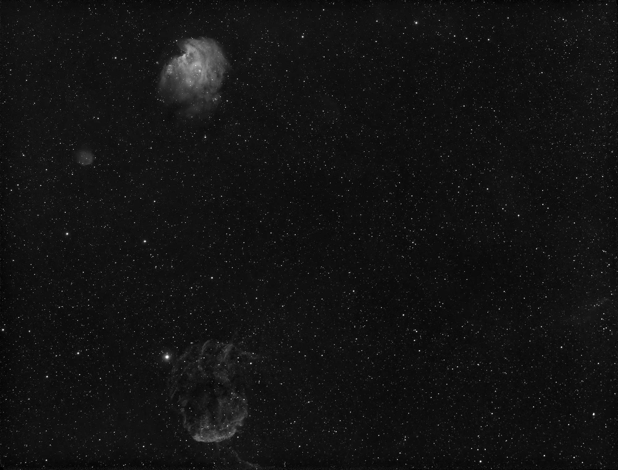 The Borg55FL captures NGC2174 (top)  & IC443 (bottom) in hydrogen alpha using a ASI1600MM camera with Antlia 3.5nm HA filter. 